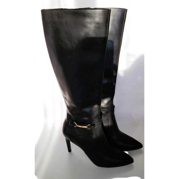 Cole Haan Women's Black Loveth Leather Knee-High Boots 5.5B With Gold Bit Detail - Picture 1 of 7